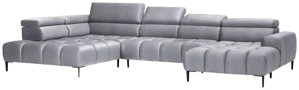 WOHNLANDSCHAFT  in Samt, Webstoff Hellgrau  - Hellgrau/Schwarz, Design, Textil/Metall (216/385/177cm) - Welnova