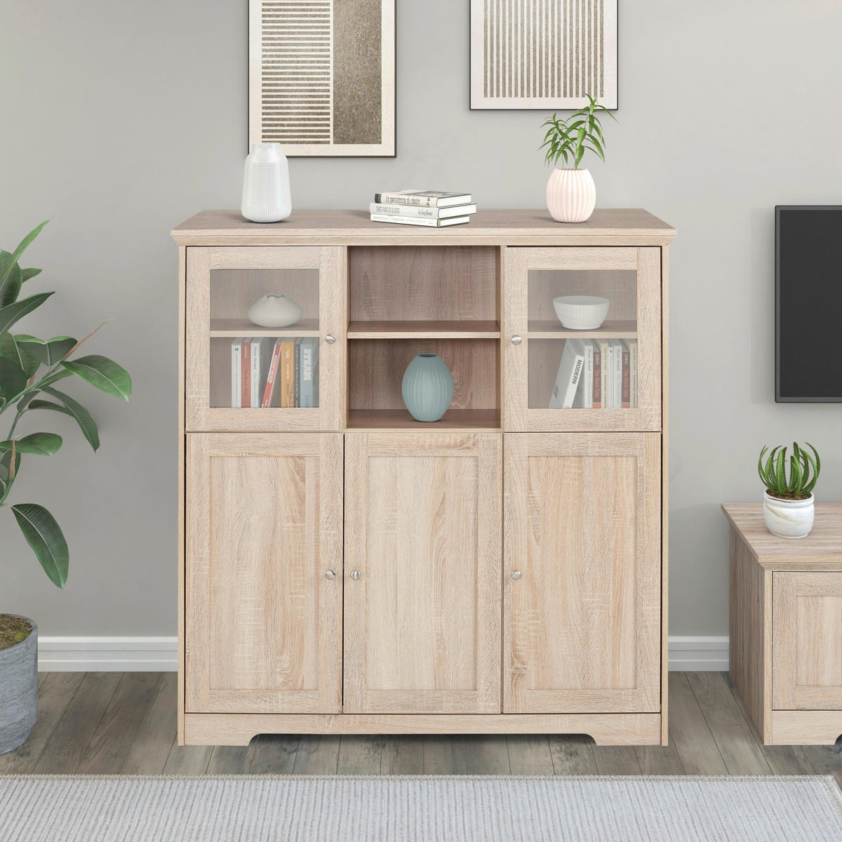 HIGHBOARD NANTES, 118/125/39 cm,  - Silberfarben/Sonoma Eiche, Design, Glas/Holzwerkstoff (118/125/39cm) - Livetastic