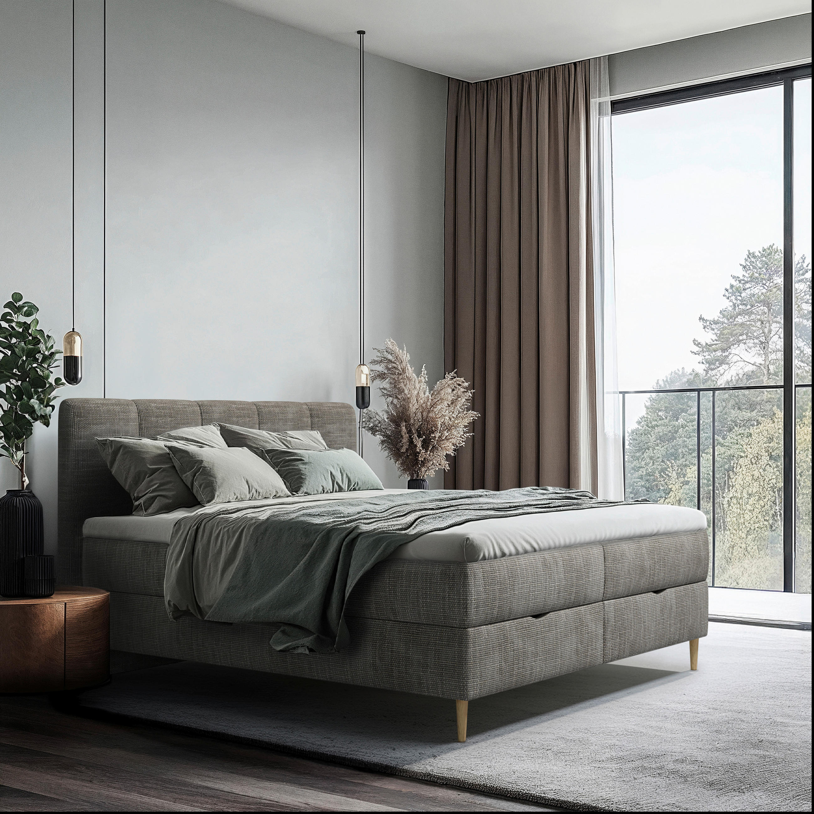 BOXBETT 160/200 cm,  in Grau, gepolstertes Kopfteil, Bettkasten, Topper,  - Buchefarben/Grau, MODERN, Holz/Holzwerkstoff (160/200cm) - MID.YOU