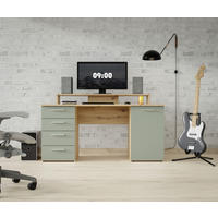 PISALNA MIZA kovina, umetna masa, leseni material barve hrasta, žajbljevo zelena  - barve hrasta/barve aluminija, Moderno, kovina/umetna masa (145/90,7/60cm) - MID.YOU