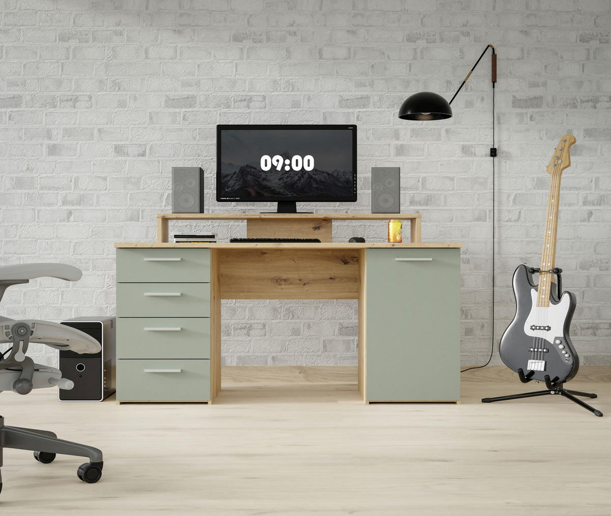 PISALNA MIZA kovina, umetna masa, leseni material barve hrasta, žajbljevo zelena  - barve hrasta/barve aluminija, Moderno, kovina/umetna masa (145/90,7/60cm) - MID.YOU