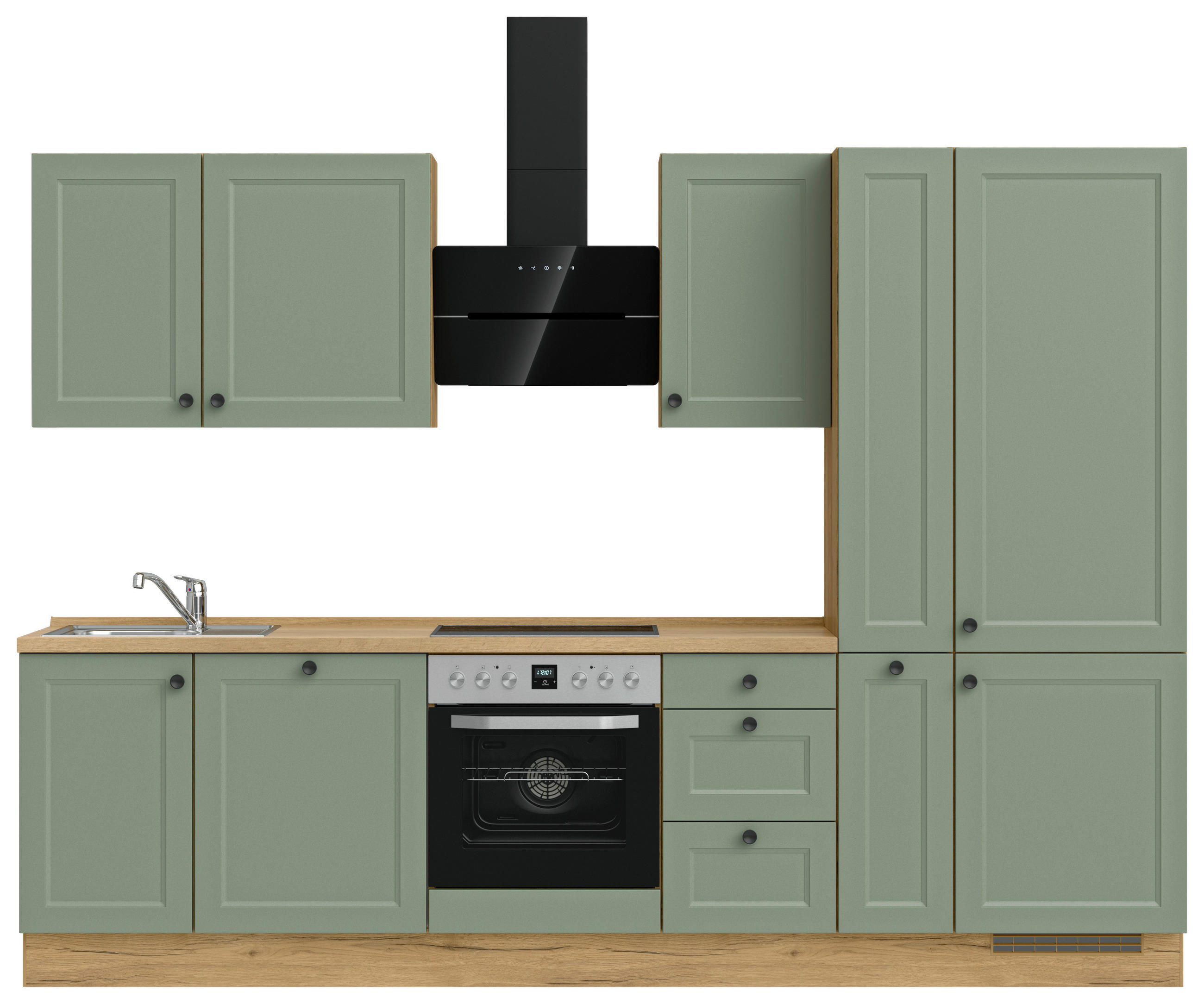 KÜCHENLEERBLOCK 300 cm   in Grün, Eichefarben  - Eichefarben/Schwarz, MODERN, Holzwerkstoff/Metall (300cm) - Nobilia