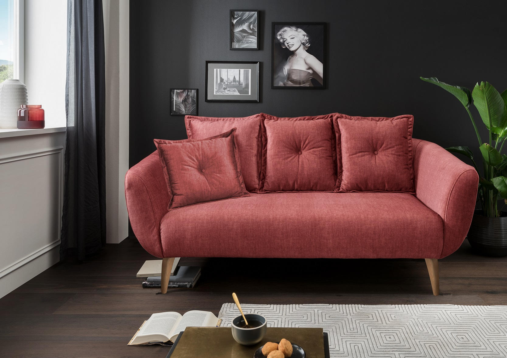 2,5-SITZER Velours Koralle  - Koralle/Buchefarben, MODERN, Holz/Textil (196/94/103cm) - Livetastic