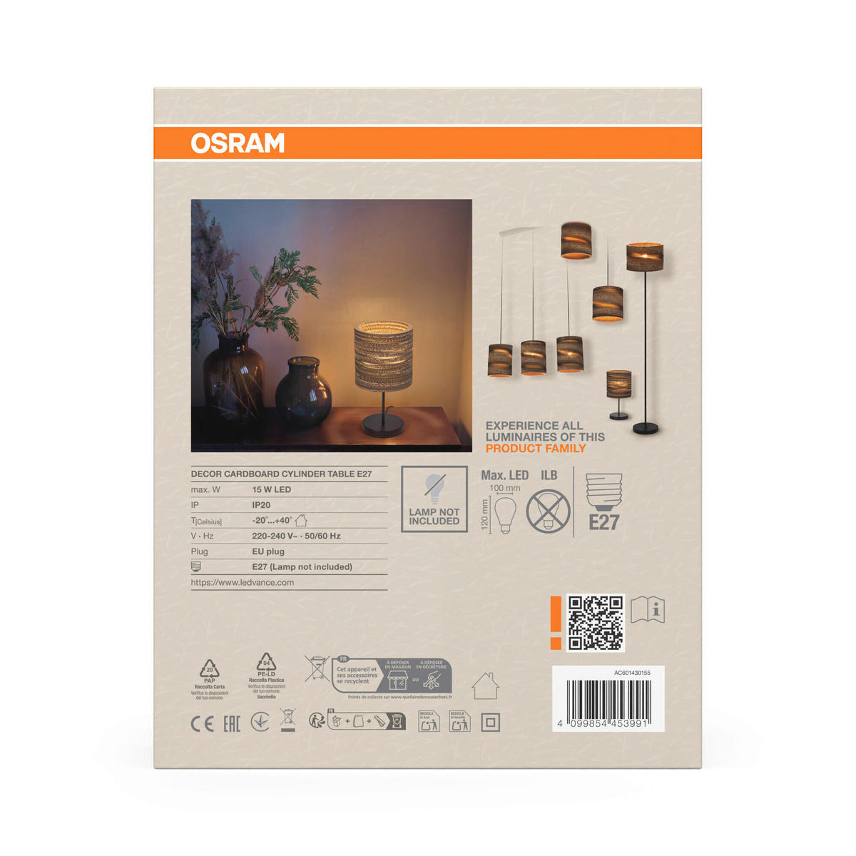 TISCHLEUCHTE 20/38,5 cm   - Braun, Natur, Karton/Metall (20/38,5cm) - Osram