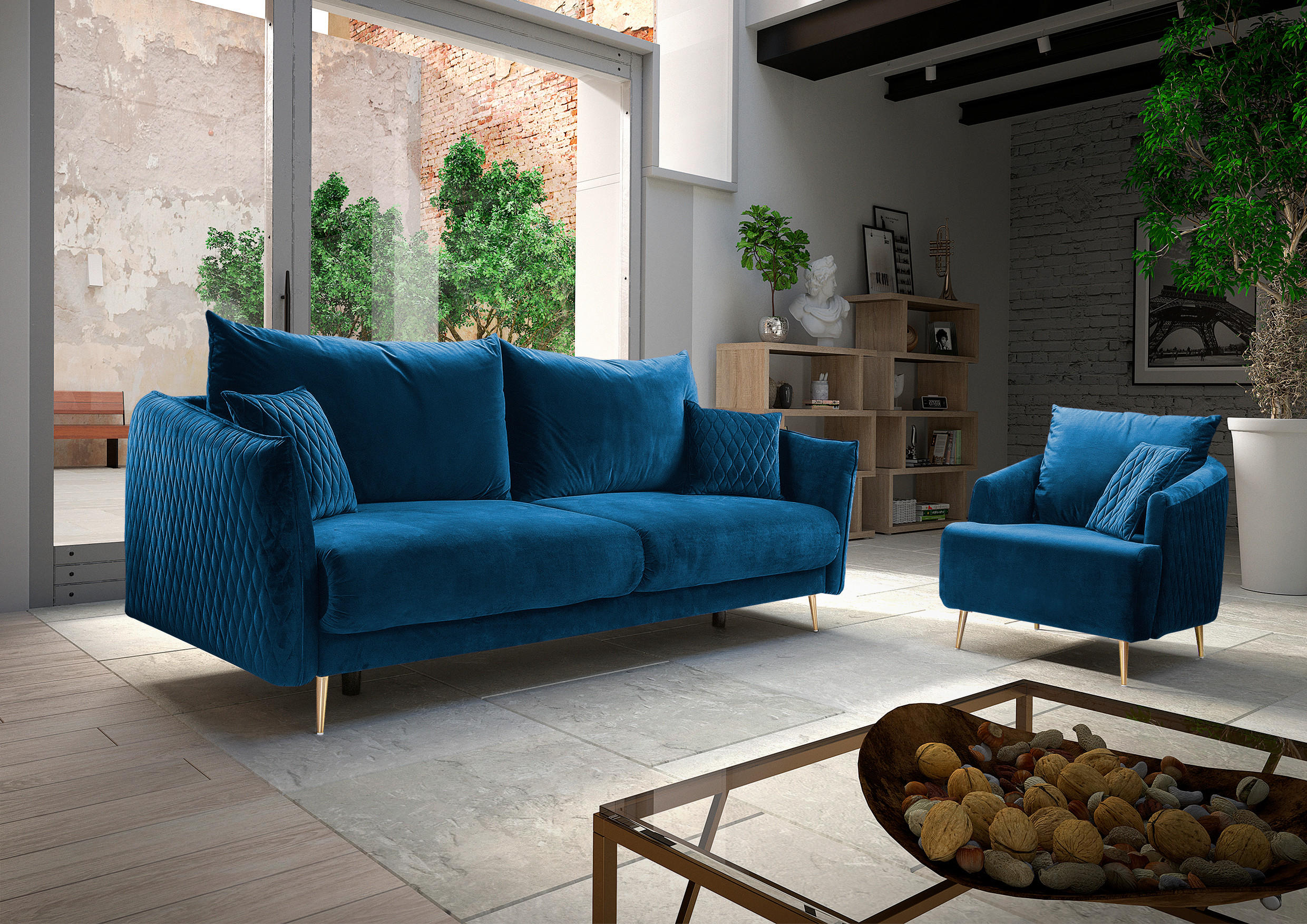 SCHLAFSOFA Samt Blau  - Blau/Goldfarben, Design, Textil/Metall (235/96/104cm) - MID.YOU