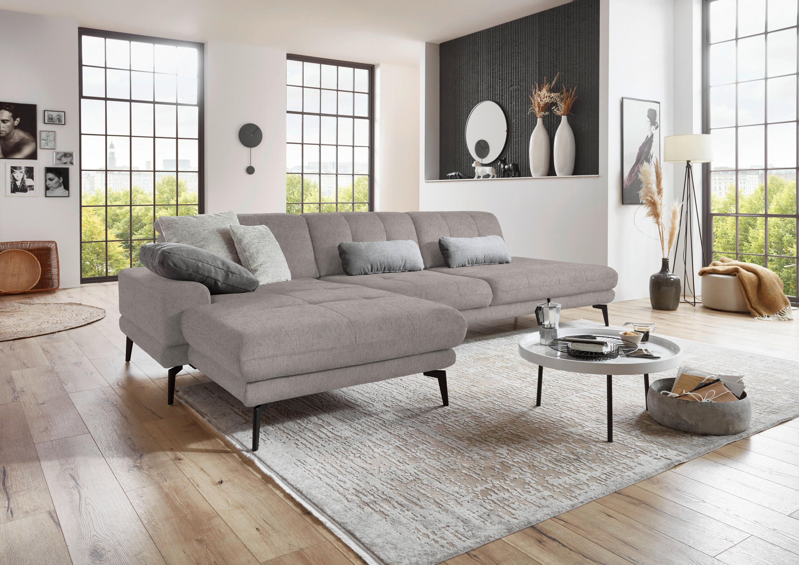 ECKSOFA in Flachgewebe Greige  - Greige/Schwarz, Design, Textil/Metall (190/309cm) - Beldomo Style