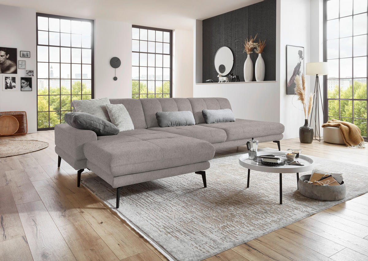 ECKSOFA in Flachgewebe Greige  - Greige/Schwarz, Design, Textil/Metall (190/309cm) - Beldomo Style
