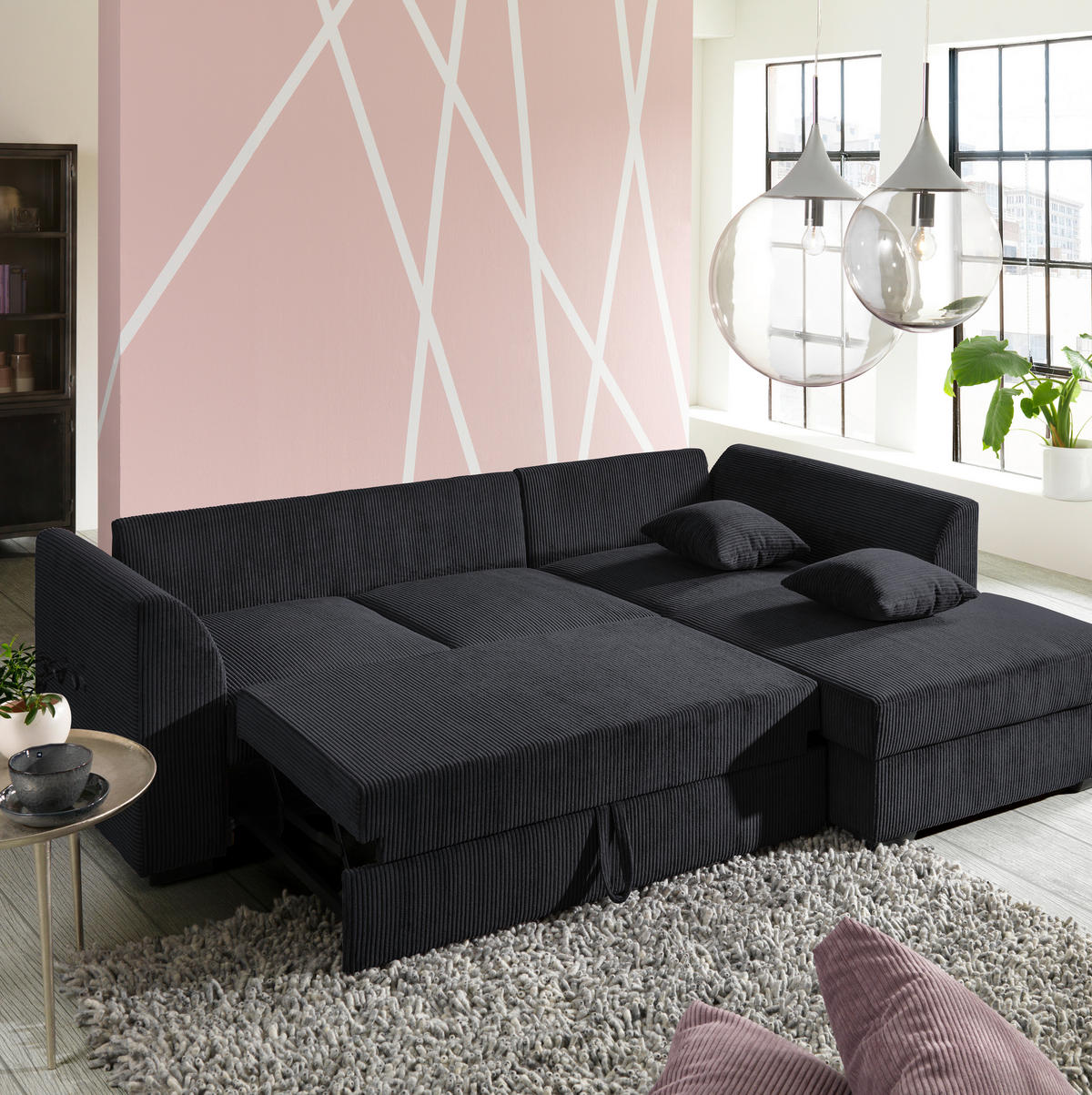 ECKSOFA in Cord Schwarz  - Schwarz, Design, Kunststoff/Textil (259/174cm) - Cantus