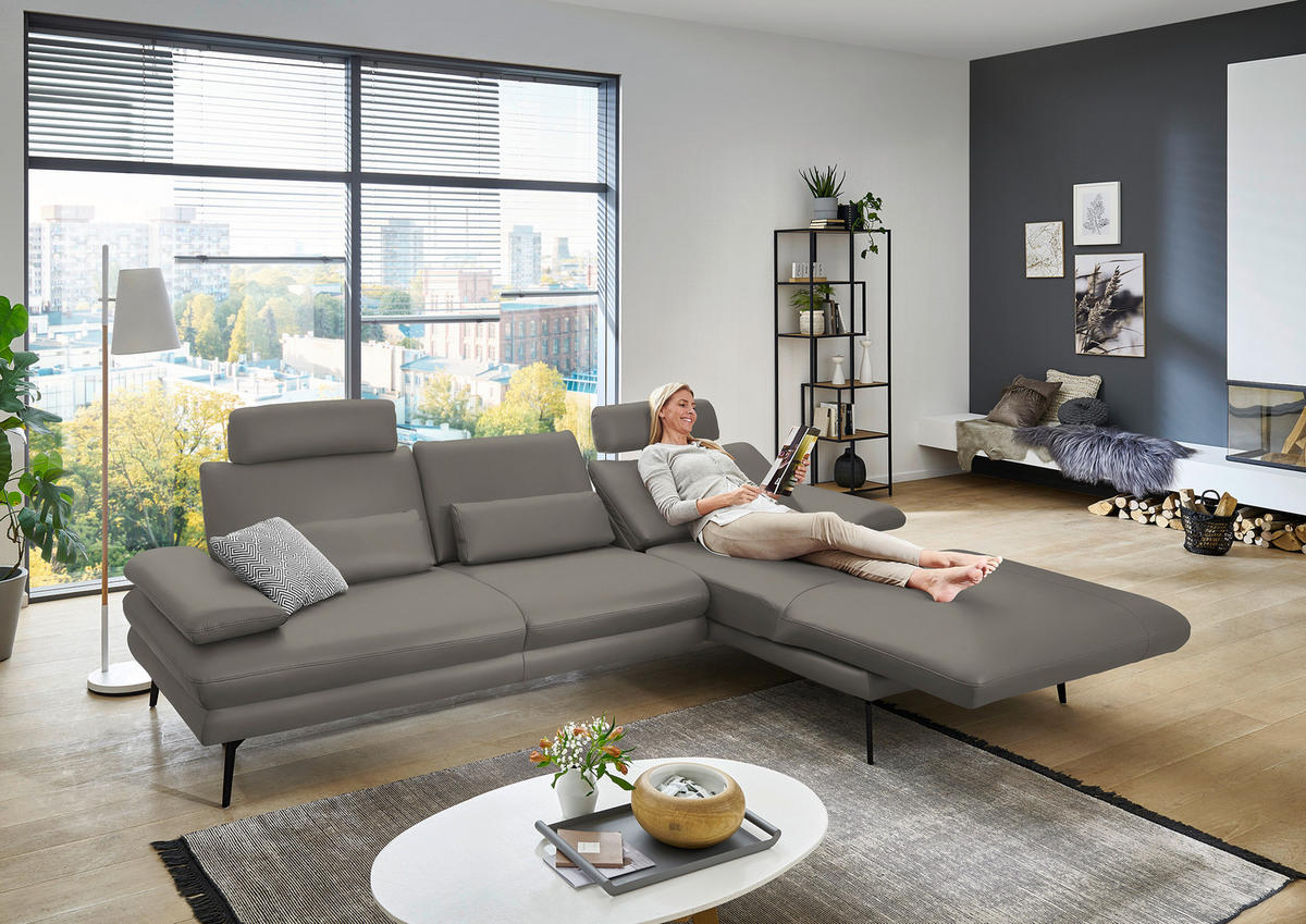 ECKSOFA in Echtleder Hellgrau  - Hellgrau/Schwarz, Design, Leder/Metall (310/180cm) - Dieter Knoll
