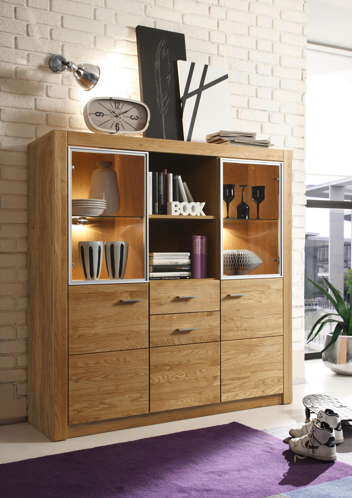 FÉLMAGAS SZEKRÉNY 138/141/42 cm  - tölgyfa színű/ezüstszínű, Konventionell, faalapú anyag/fém (138/141/42cm) - Livetastic