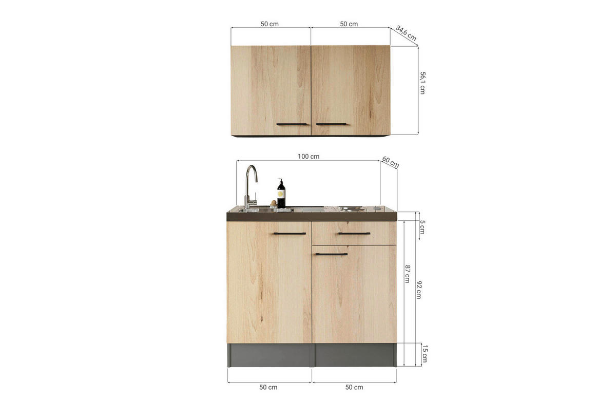 MINIKÖK 100 cm   i grå, ek Artisan  - svart/grå, Trend, metall/trämaterial (100cm) - Respekta