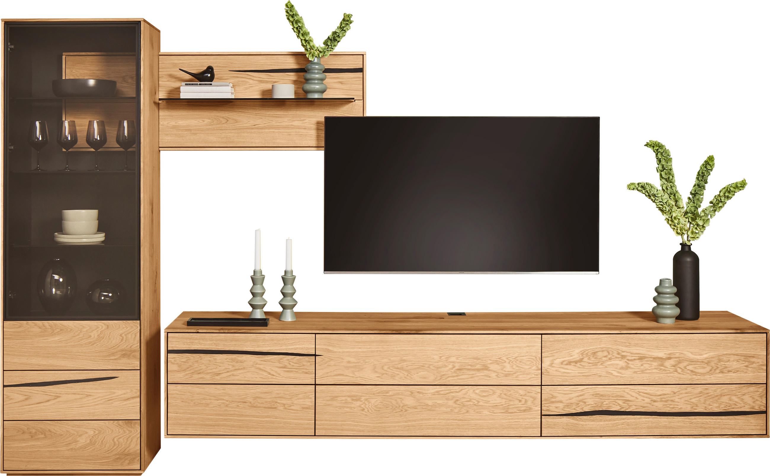 Waldwelt Wohnwand massiv Schwarz, Eiche 320x192x50 cm