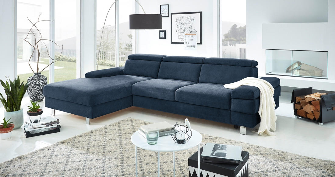 ECKSOFA in Webstoff Dunkelblau  - Silberfarben/Dunkelblau, Konventionell, Textil/Metall (260/82/182cm) - Trendmanufaktur
