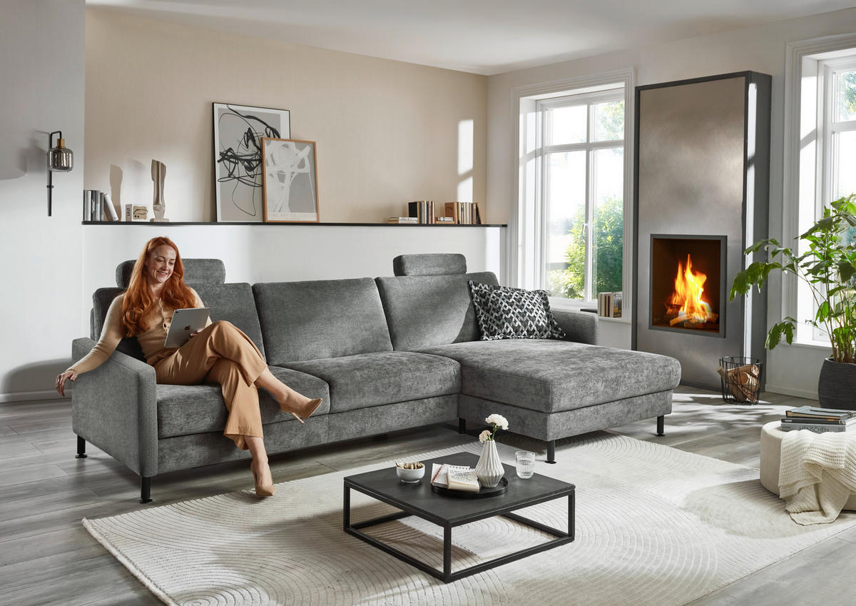 ECKSOFA in Chenille, Flachgewebe Dunkelgrau  - Dunkelgrau/Schwarz, Design, Textil/Metall (316/175cm) - Dieter Knoll