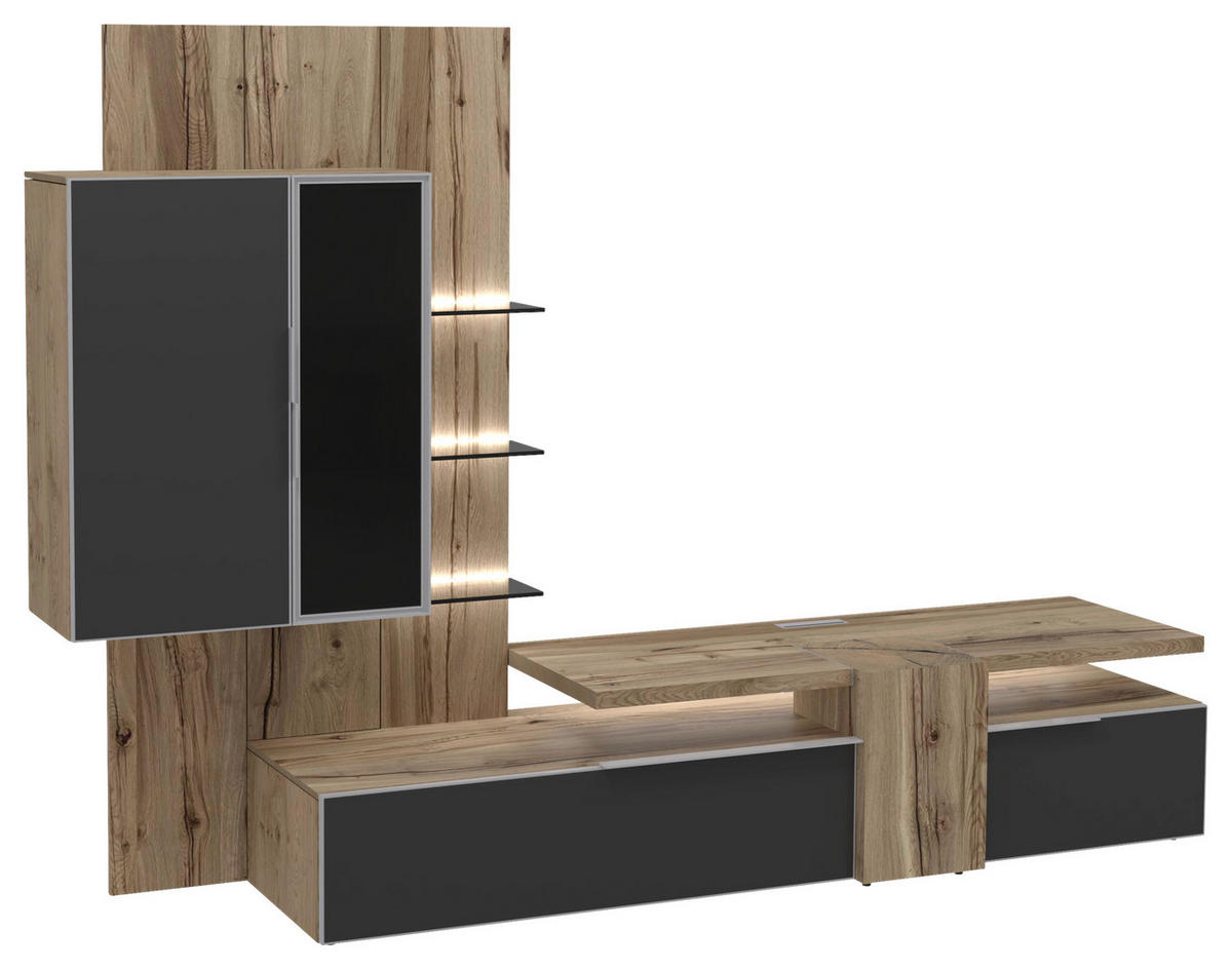 WOHNWAND  in Anthrazit, Eichefarben  272/194/58 cm  - Eichefarben/Anthrazit, Design, Glas/Holz (272/194/58cm) - Voglauer