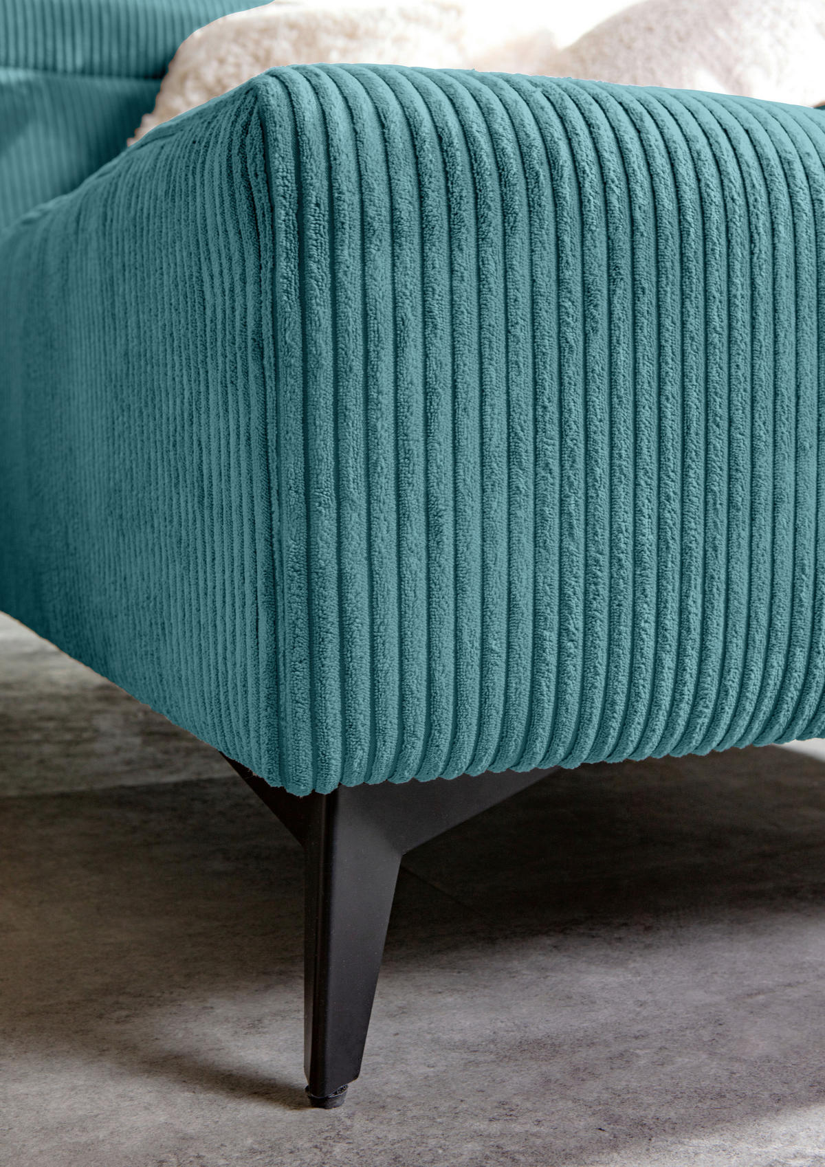 ECKSOFA Petrol Cord Rücken echt, Kopfteilverstellung, Sitzvorzug  - Petrol/Schwarz, KONVENTIONELL, Textil/Metall (257/170cm) - Carryhome