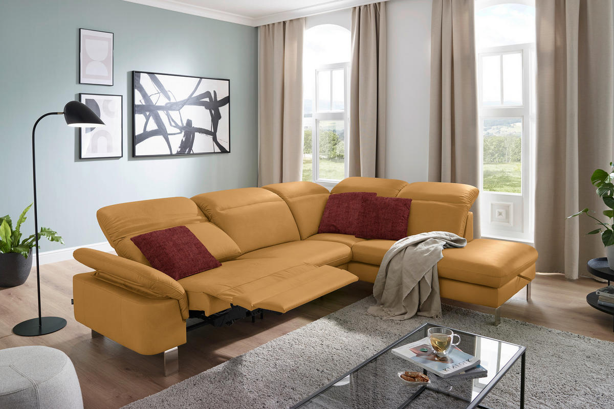 ECKSOFA in Echtleder Senfgelb  309/233 cm  - Edelstahlfarben/Senfgelb, Design, Leder/Metall (309/233cm) - Dieter Knoll