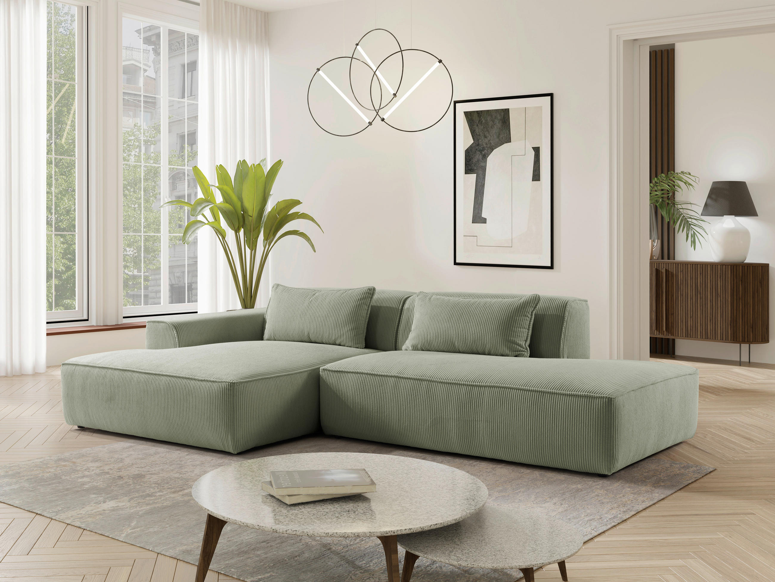 ECKSOFA Cord Mintgrün  - Schwarz/Mintgrün, Konventionell, Holzwerkstoff/Kunststoff (294/165cm) - Livetastic