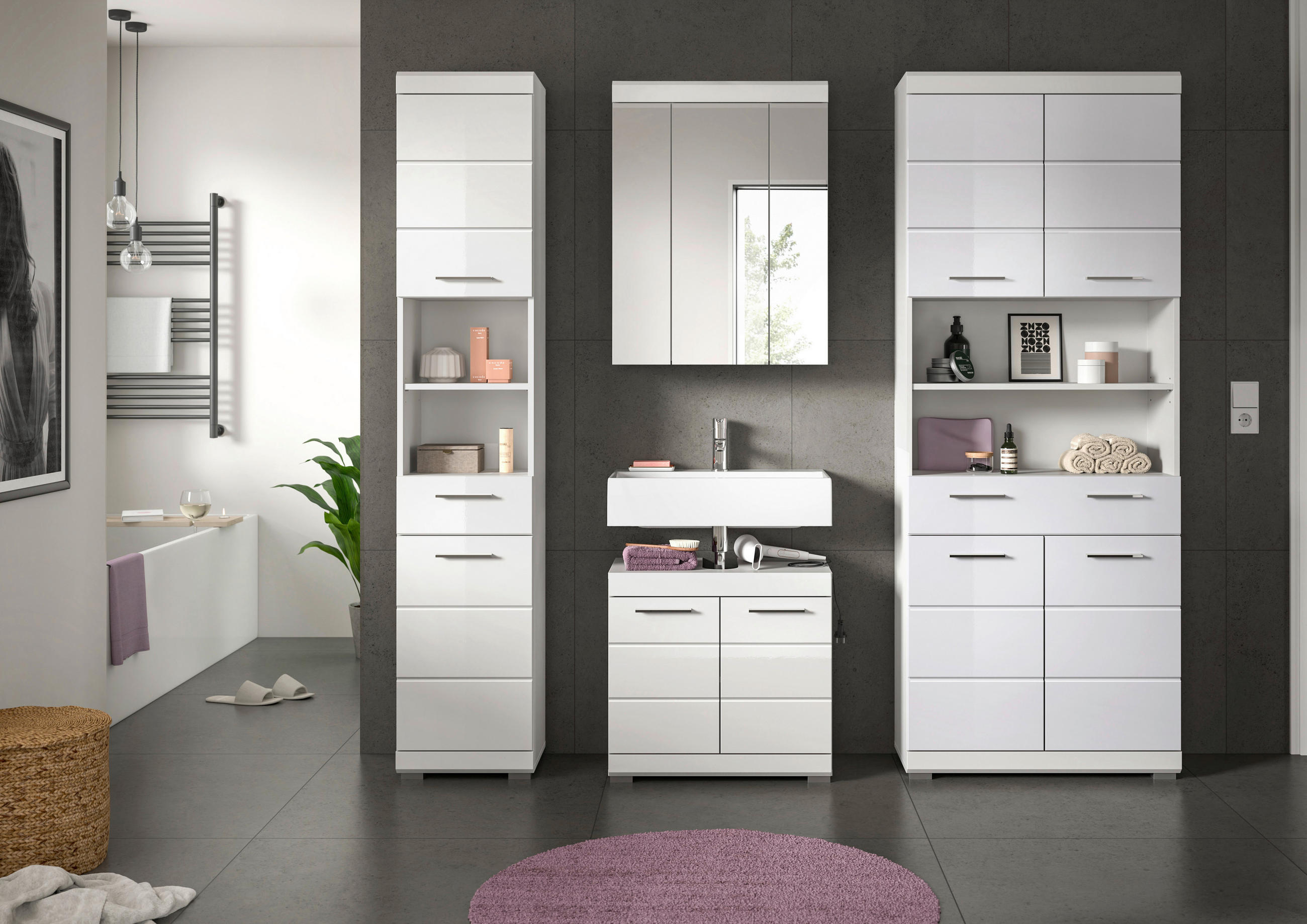 BADEZIMMER 4-teilig  in 171 cm  - Weiß Hochglanz/Silberfarben, MODERN, Glas/Holzwerkstoff (171cm) - MID.YOU
