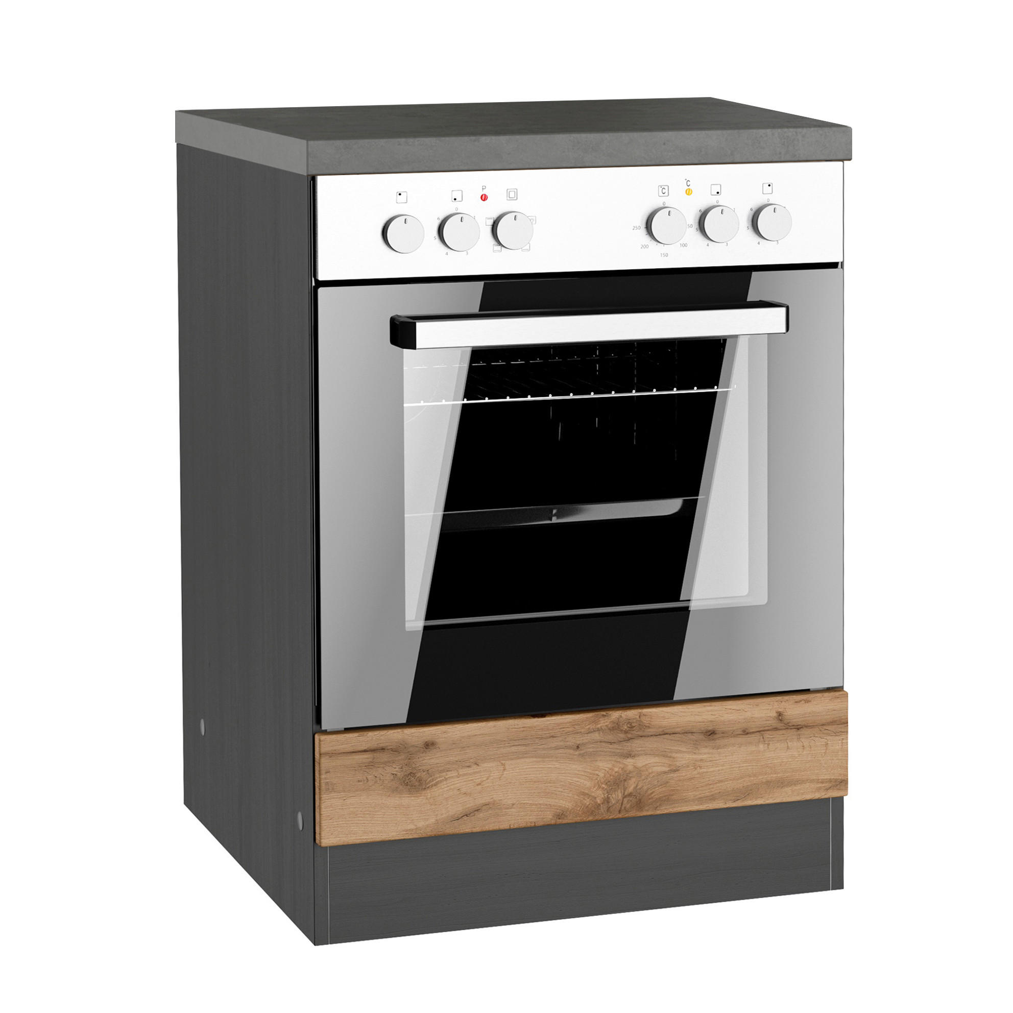 Herdumbauschrank Turin B: 60cm Graphitfarben/eiche +arbeitsplatte