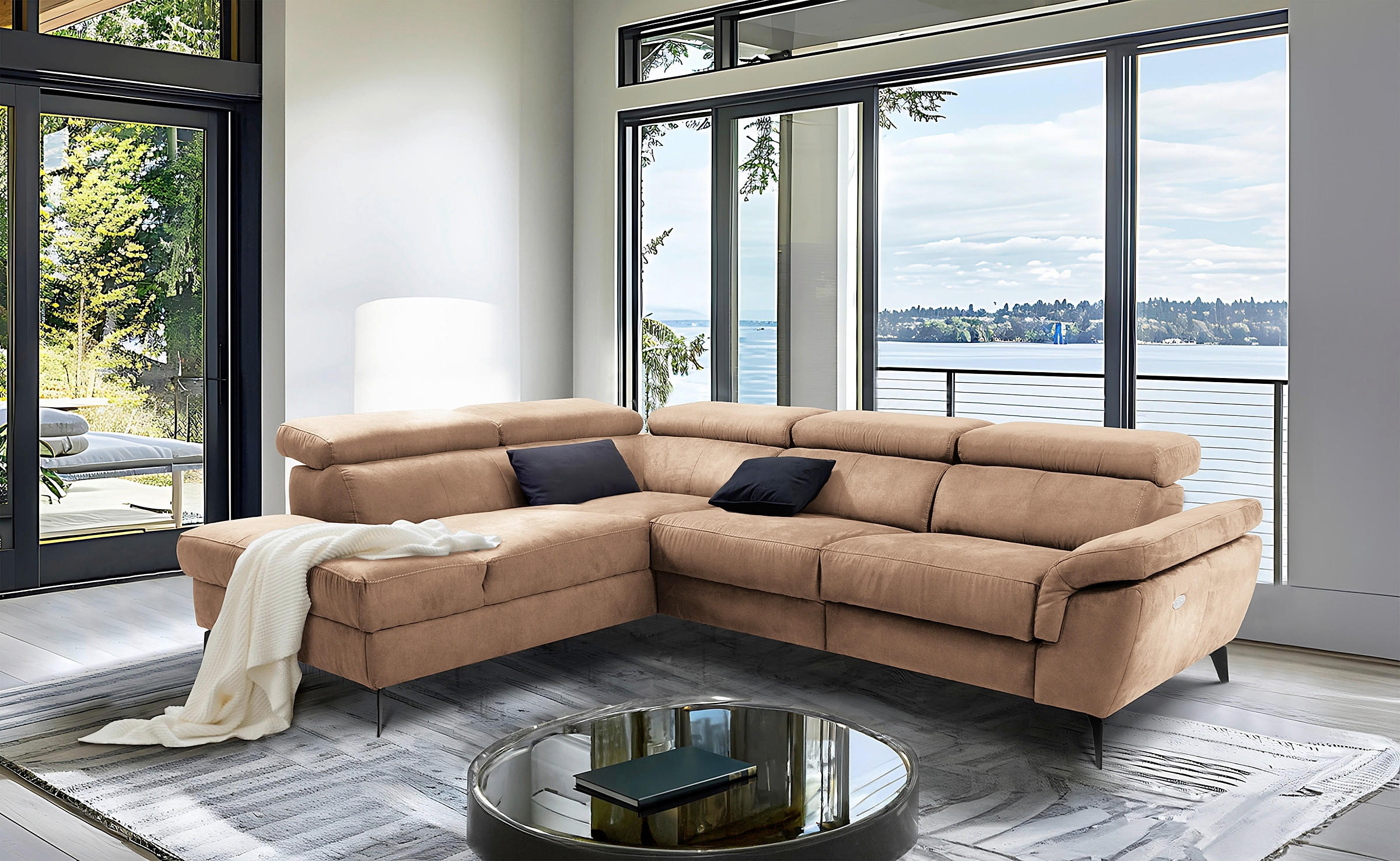 ECKSOFA SONO in Lederlook Hellbraun Armteilverstellung, Kopfteilverstellung  210/265 cm  - Hellbraun/Schwarz, Design, Textil/Metall (210/265cm) - Livetastic