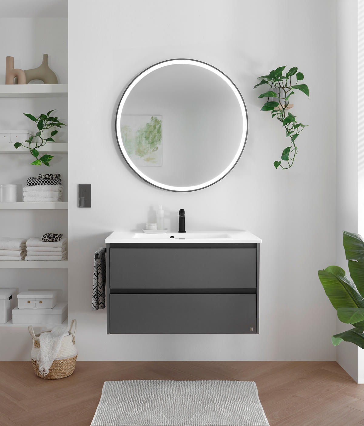 BADEZIMMER 3-teilig  in 92 cm  - Weiß/Grau, Design, Holzwerkstoff/Stein (92cm) - Musterring