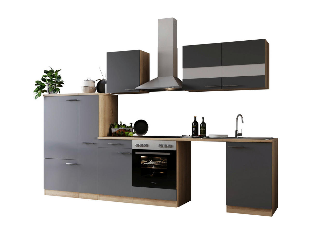 KÜCHENBLOCK 310 cm   in Grau  - Edelstahlfarben/Eichefarben, Basics, Glas/Holzwerkstoff (310cm) - Respekta