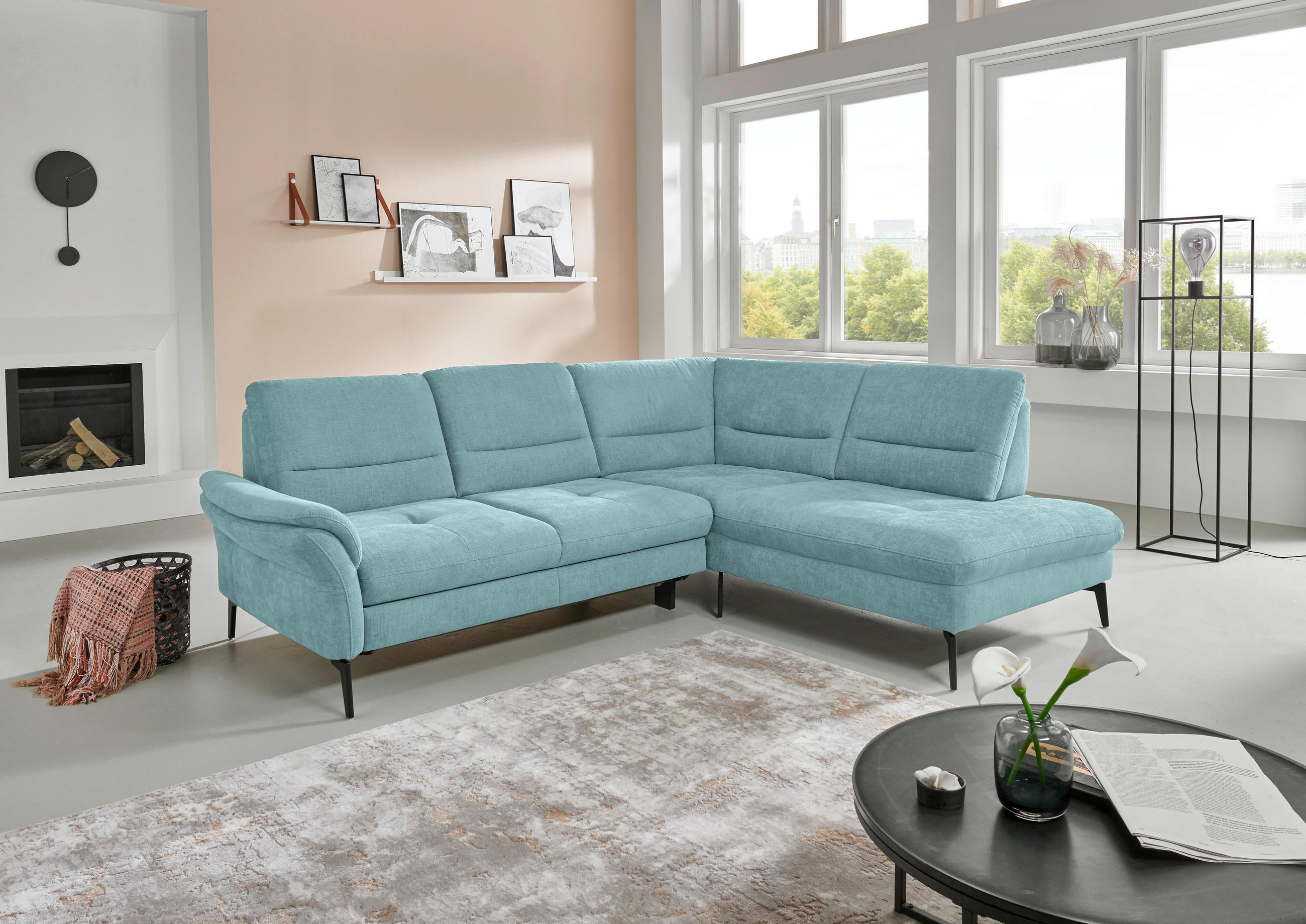 ECKSOFA in Webstoff Türkis  - Türkis/Schwarz, Design, Textil/Metall (256/206cm) - Beldomo System