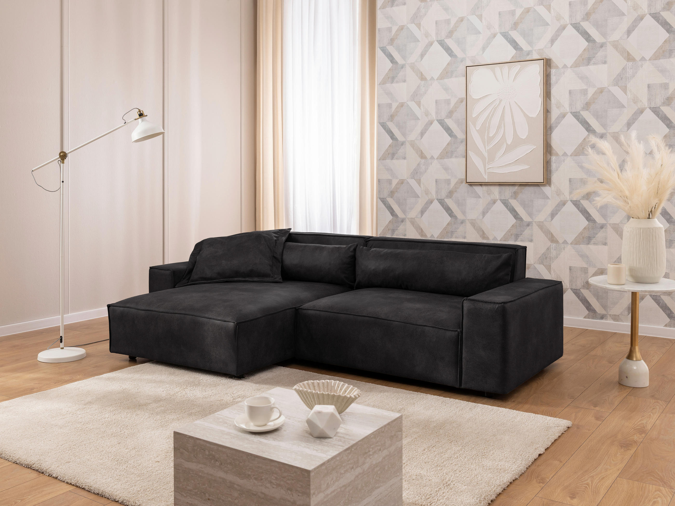 ECKSOFA Curduroy in Lederlook Anthrazit Rückenkissen  251/142 cm  - Anthrazit/Schwarz, Design, Kunststoff/Textil (251/142cm) - P & B