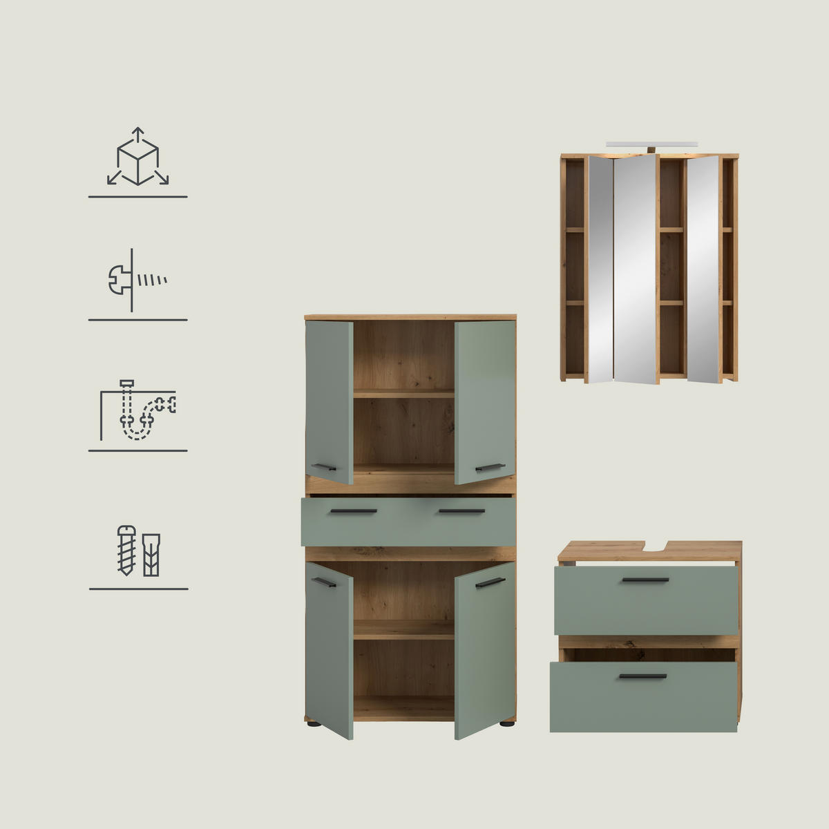 BADEZIMMER 4-teilig  in 145 cm  - Salbeigrün/Schwarz, Trend, Glas/Holzwerkstoff (145cm) - MID.YOU