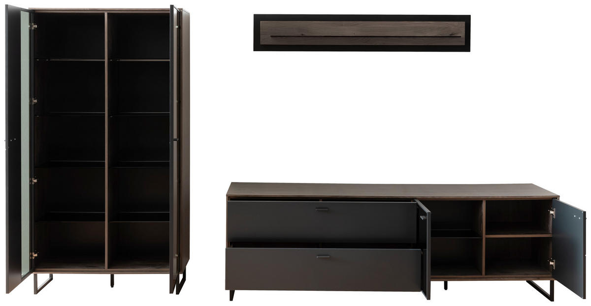 WOHNWAND  in Schwarz, Eichefarben  321/185/50 cm  - Eichefarben/Anthrazit, Design, Glas/Holz (321/185/50cm) - MID.YOU