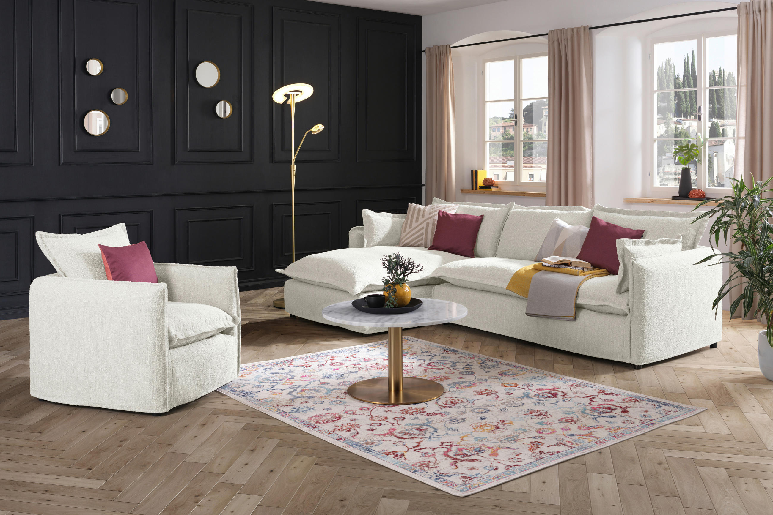 HUSSEN-ECKSOFA in Flachgewebe, Bouclé Weiss  - Weiss/Schwarz, Trend, Textil/Metall (165/295cm) - Livetastic