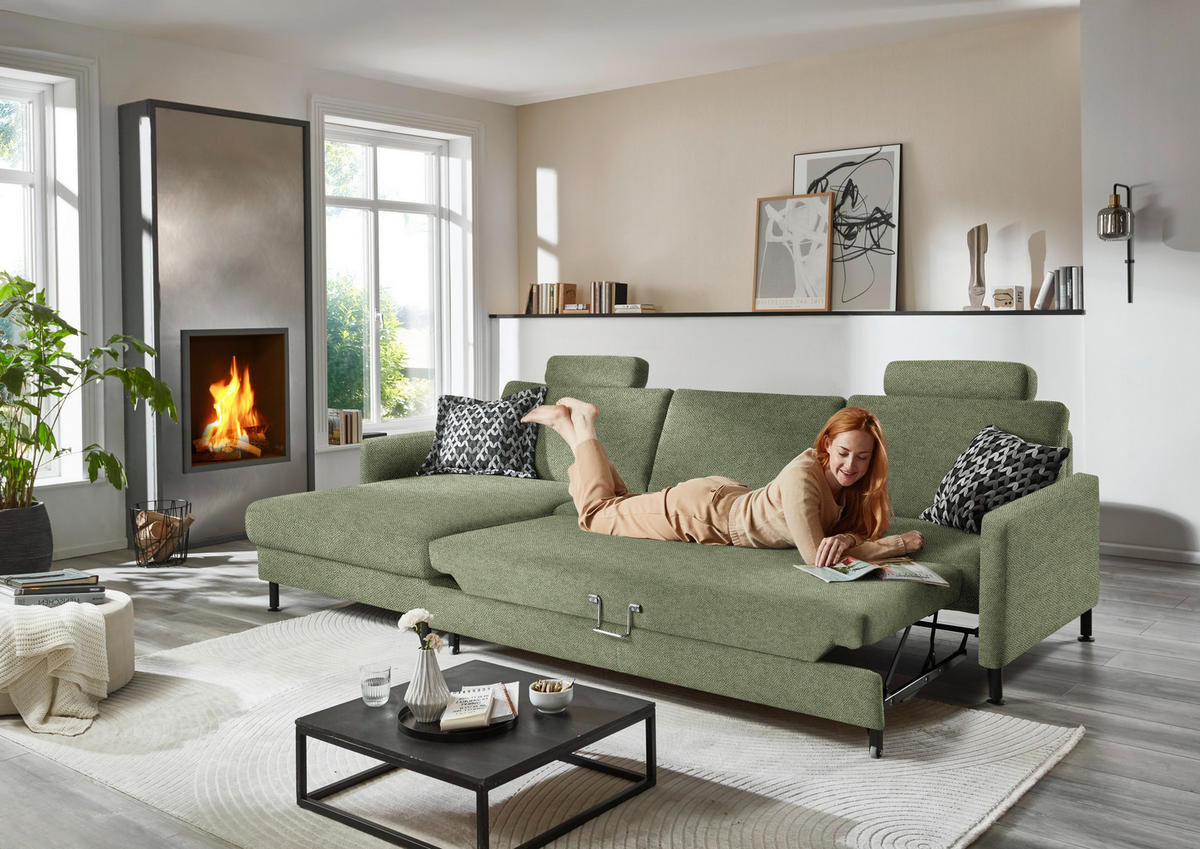 ECKSOFA  in Chenille, Flachgewebe Olivgrün  175/316 cm  - Schwarz/Olivgrün, Design, Textil/Metall (175/316cm) - Dieter Knoll