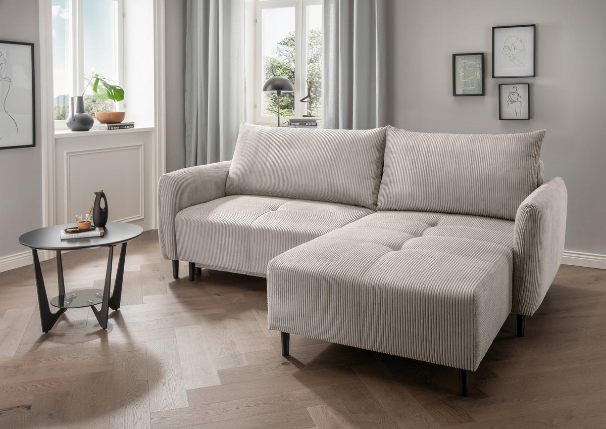 ECKSCHLAFSOFA in Cord Beige  - Beige/Schwarz, Basics, Holz/Textil (238/174cm) - Livetastic
