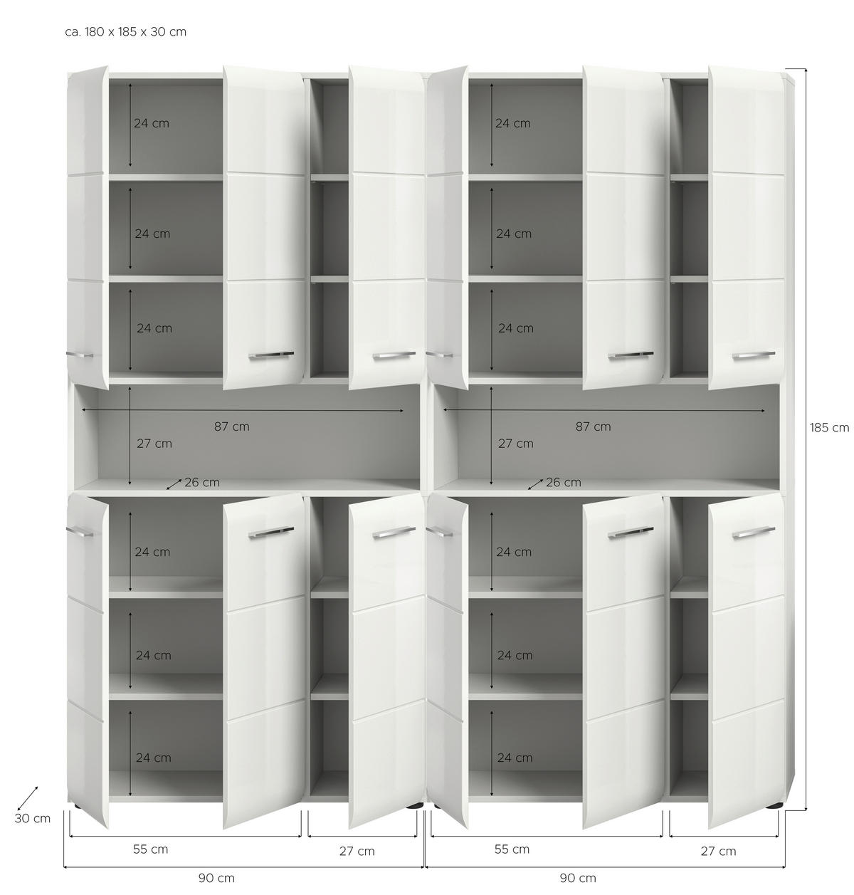 HOCHSCHRANK 180/185/30 cm  - Weiß Hochglanz/Silberfarben, MODERN, Holzwerkstoff/Kunststoff (180/185/30cm) - MID.YOU