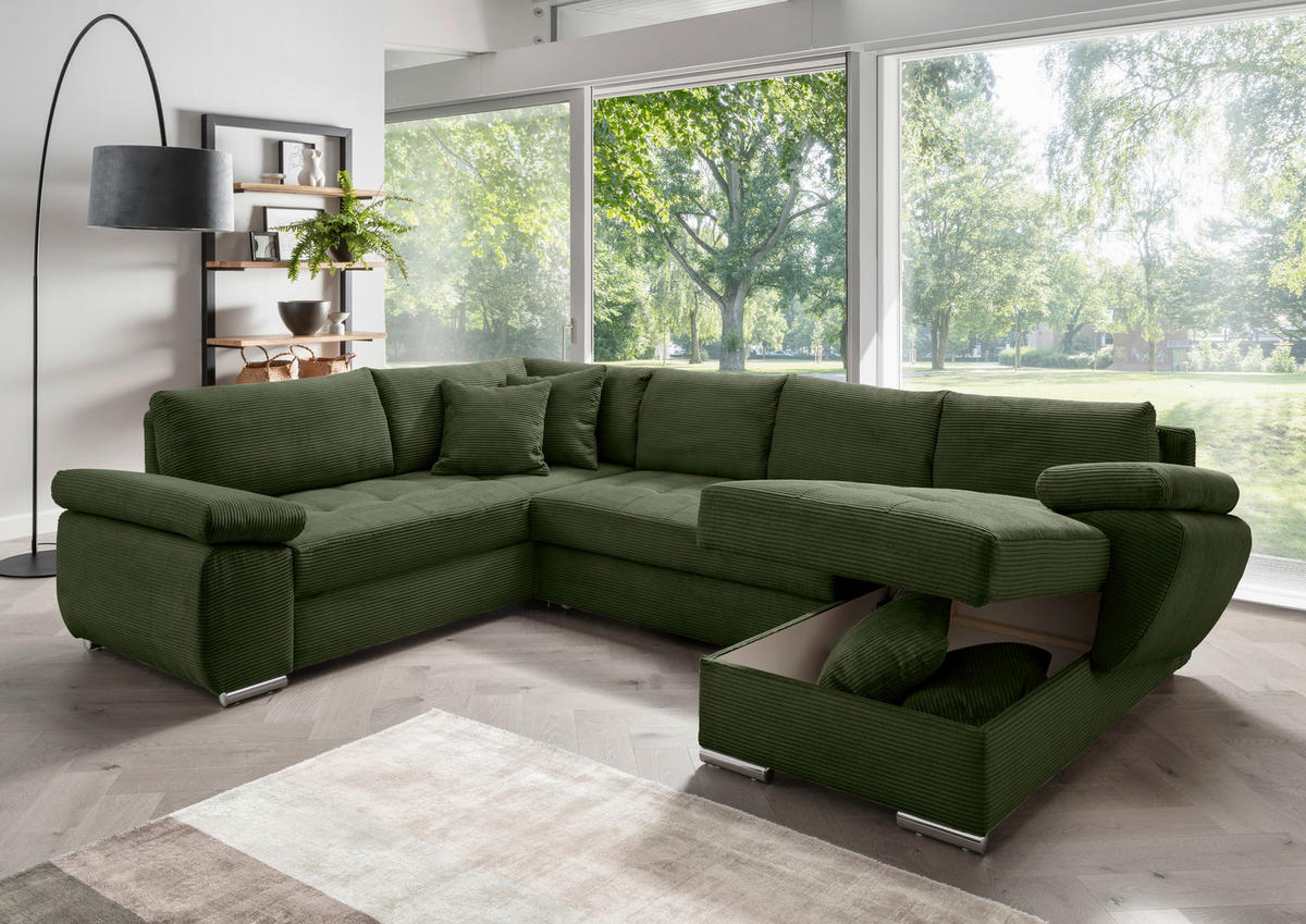Wohnlandschaft Dunkelgrün Cord  - Chromfarben/Dunkelgrün, KONVENTIONELL, Textil/Metall (219/305/157cm) - Livetastic