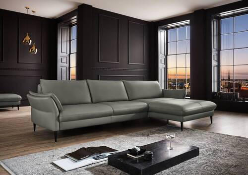 Thumbnail - Hukla Ecksofa, Grau, Leder, Echtleder, Longlife-Leder, Semi-Anilinleder, 4-Sitzer, Ottomane rechts, L-Form, 334x172 cm, ...