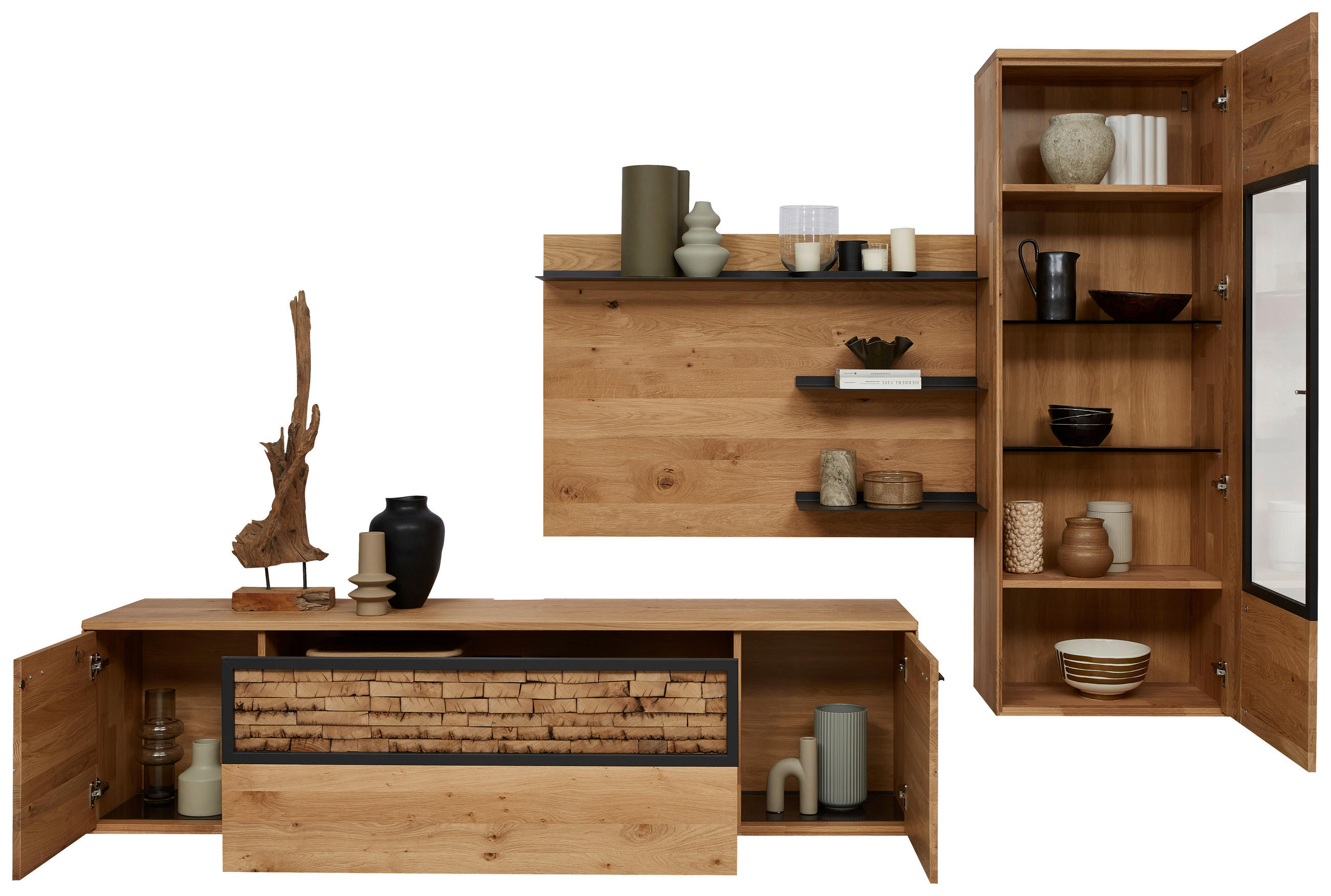 WOHNWAND  in Wildeiche  293,8/207,1/37,1 cm  - Wildeiche/Graphitfarben, Natur, Glas/Holz (293,8/207,1/37,1cm) - Valnatura