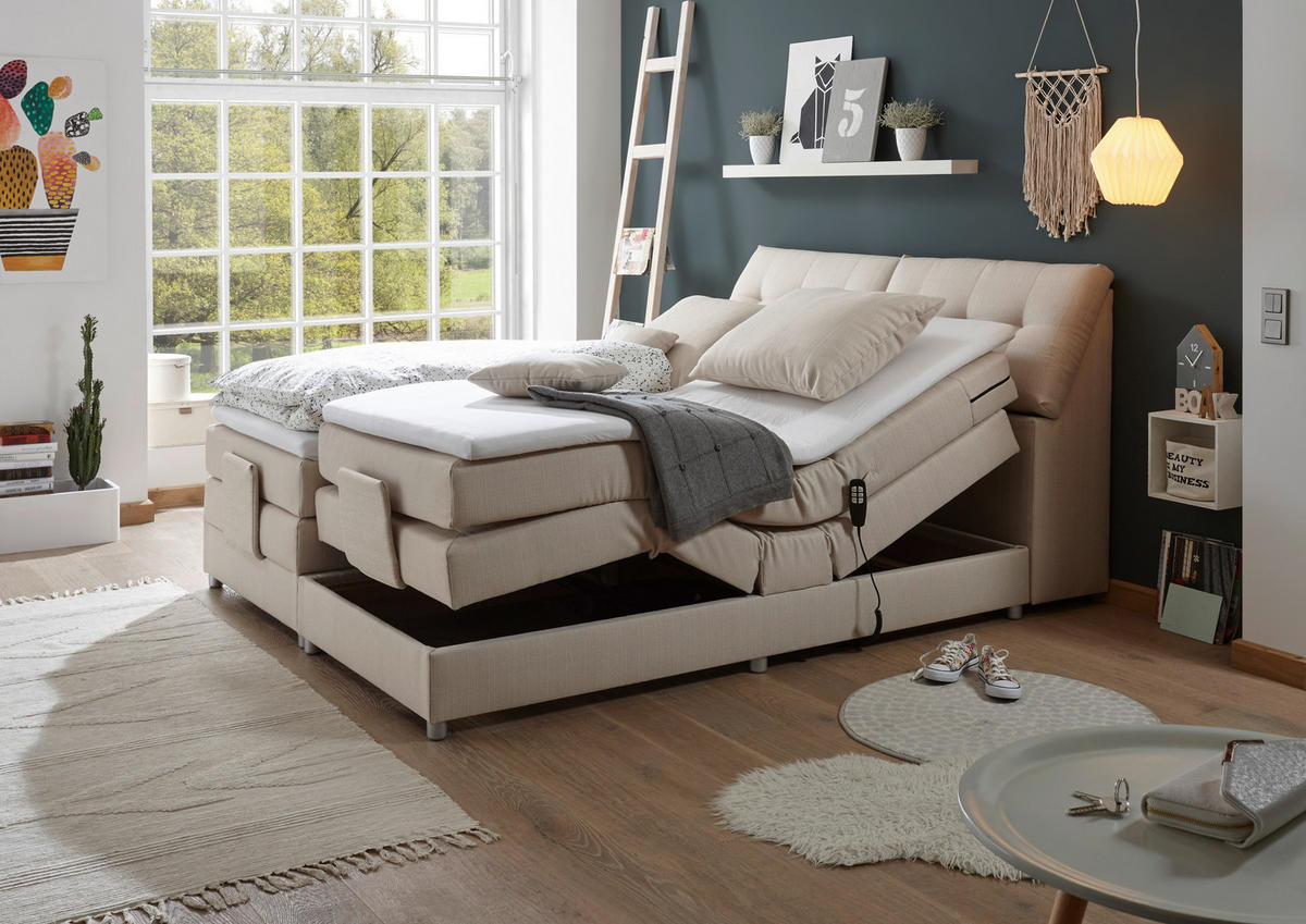 BOXSPRINGBETT 180/200 cm,  in Creme, Matratze, Bettkasten, Topper, motorische Verstellbarkeit, H2 = mittel  - Silberfarben/Creme, Design, Kunststoff/Textil (180/200cm) - Esposa
