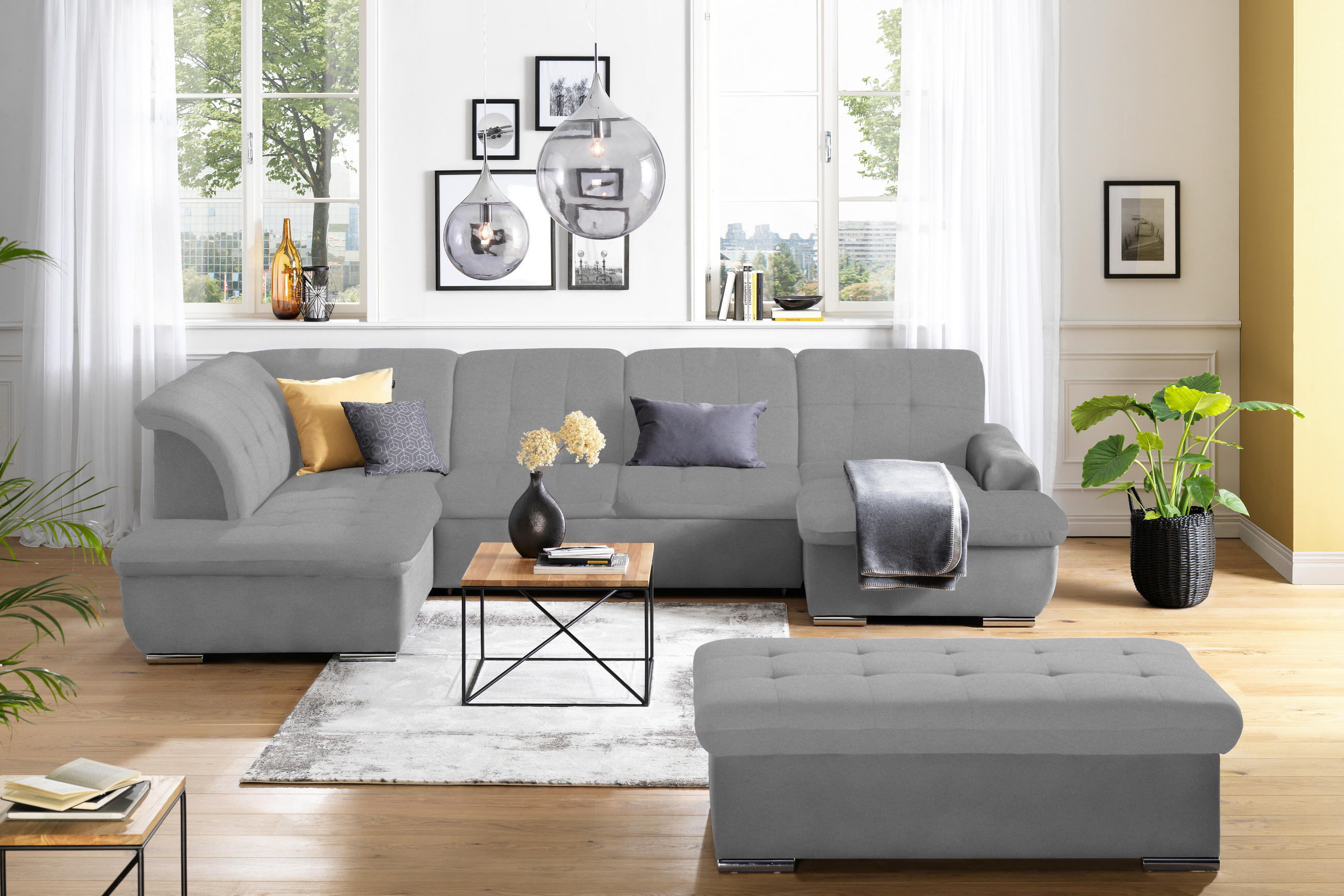 WOHNLANDSCHAFT in Flachgewebe Hellgrau  - Silberfarben/Hellgrau, Design, Textil/Metall (208/342/145cm) - Cantus