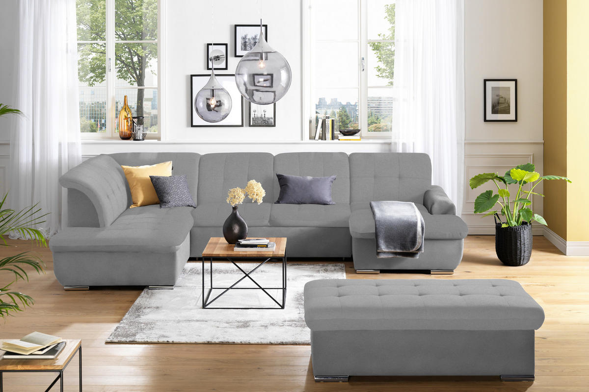 WOHNLANDSCHAFT inkl. Funktion Hellgrau Flachgewebe  - Silberfarben/Hellgrau, Design, Textil/Metall (208/342/145cm) - Cantus