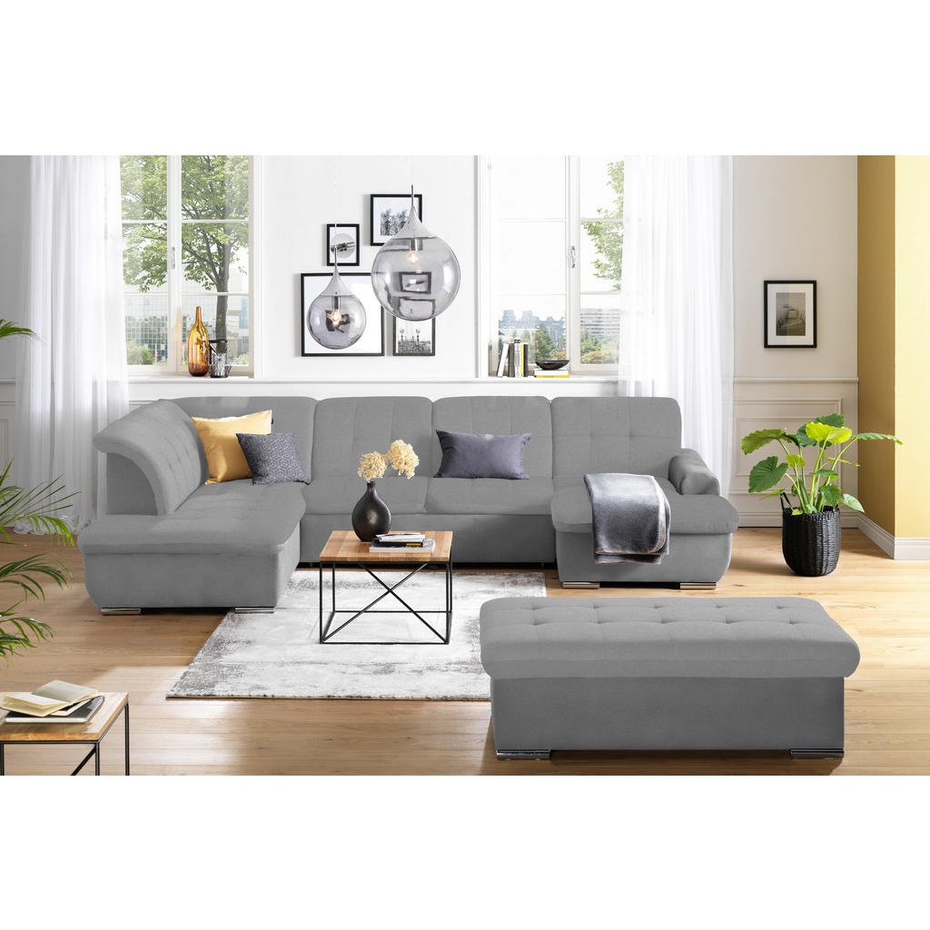 Thumbnail - Cantus Wohnlandschaft, Hellgrau, Textil, Uni, 5-Sitzer, U-Form, Ottomane links, 342x208 cm, Made in EU, seitenverkehrt e...