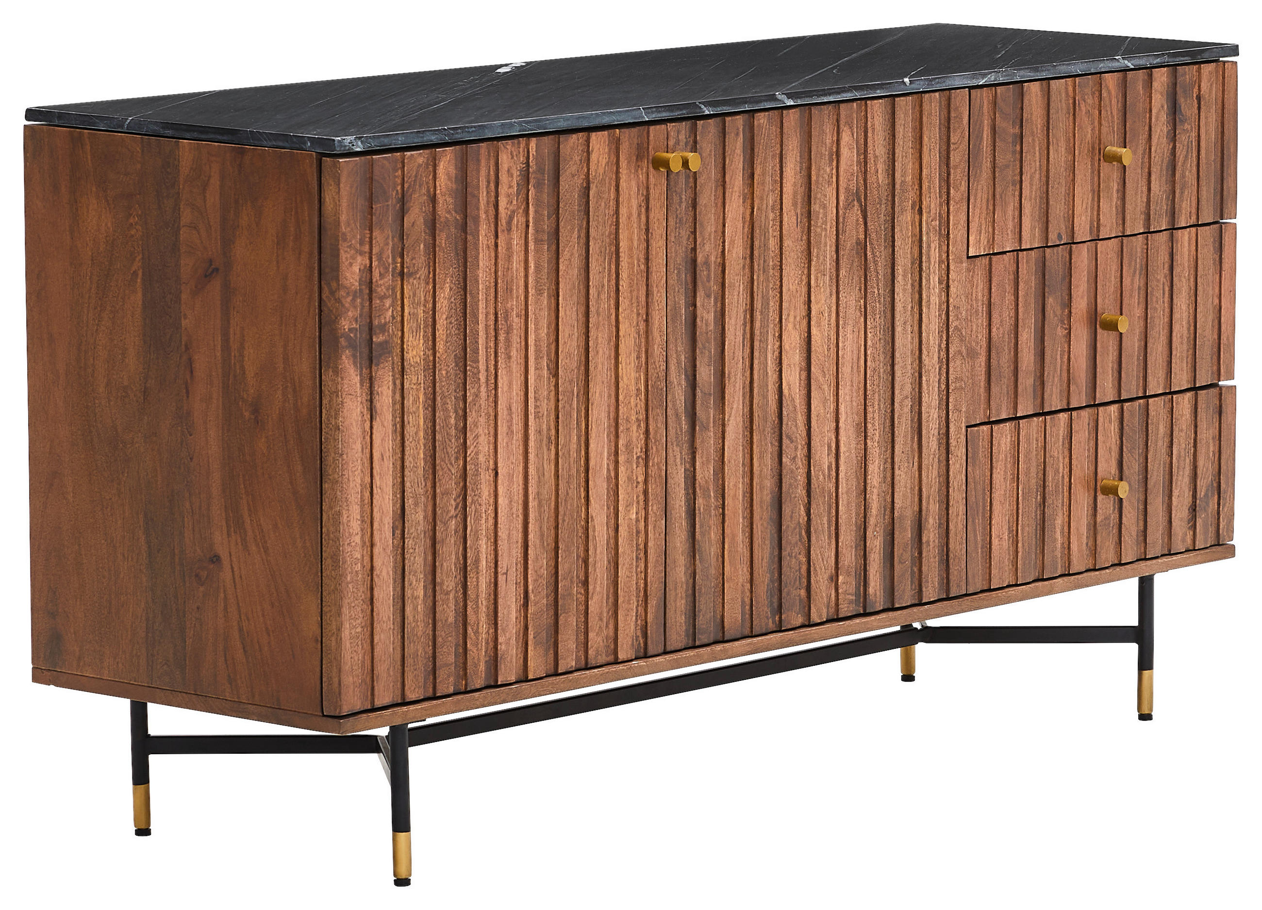 MID.YOU ŠIROKÁ KOMODA, mangové drevo, čierna, mosadzná, farba vlašského orecha, 150/78/45 cm