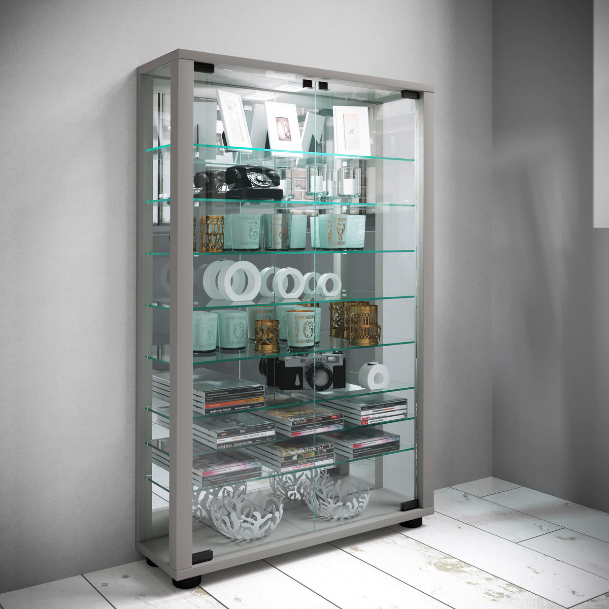 VITRINE in Silberfarben  - Silberfarben/Schwarz, Modern, Glas/Holzwerkstoff (59/91,3/18cm) - MID.YOU