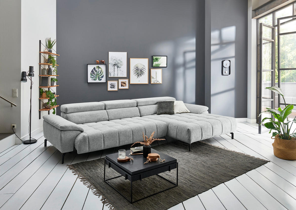 ECKSOFA in Chenille Grauweiss  - Schwarz/Grauweiss, Design, Textil/Metall (329/190cm) - Beldomo Style