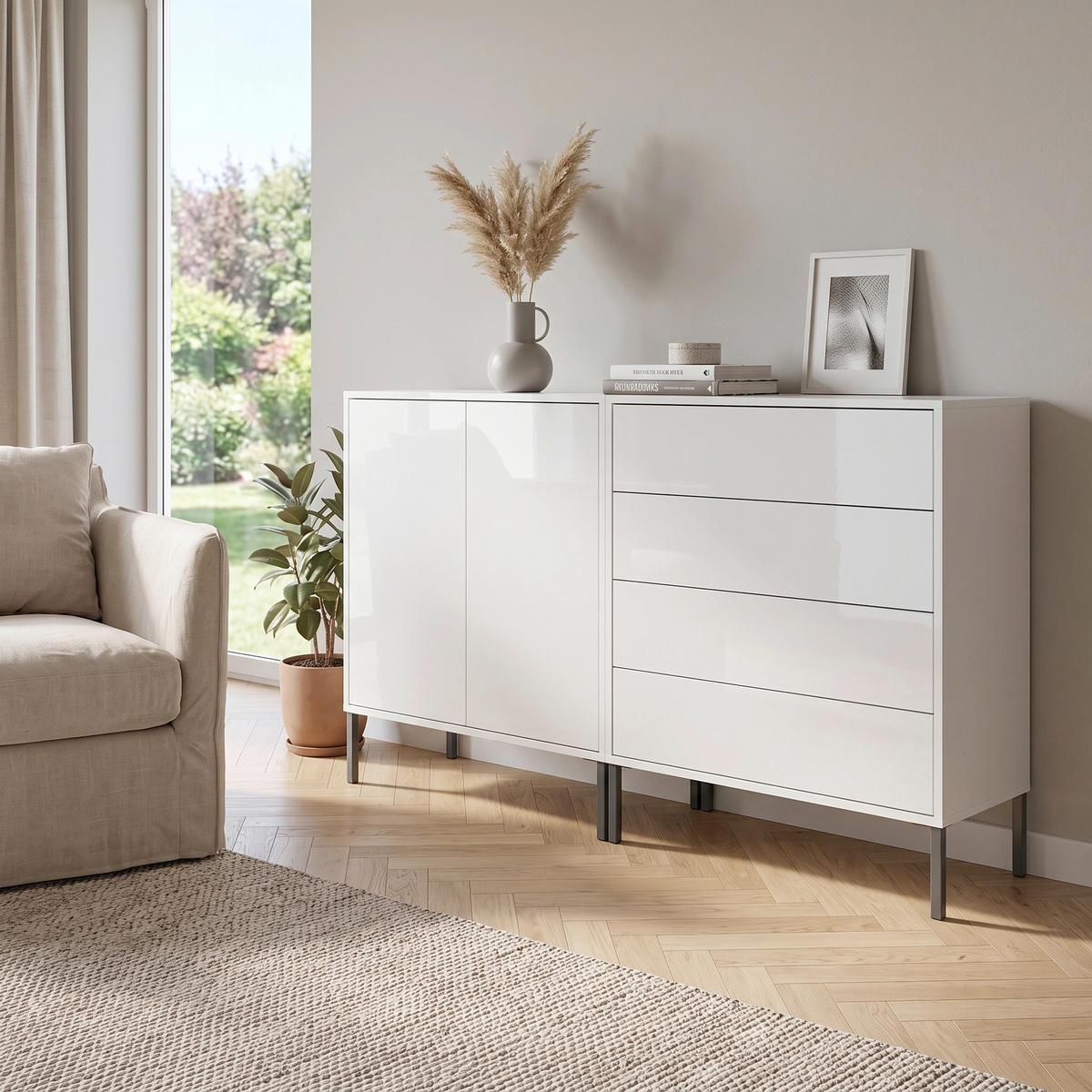SIDEBOARD Mailand Set 3 + MF 158/86/33 cm 4 Schublade(n)  - Weiß Hochglanz/Anthrazit, MODERN, Holzwerkstoff/Metall (158/86/33cm) - MID.YOU