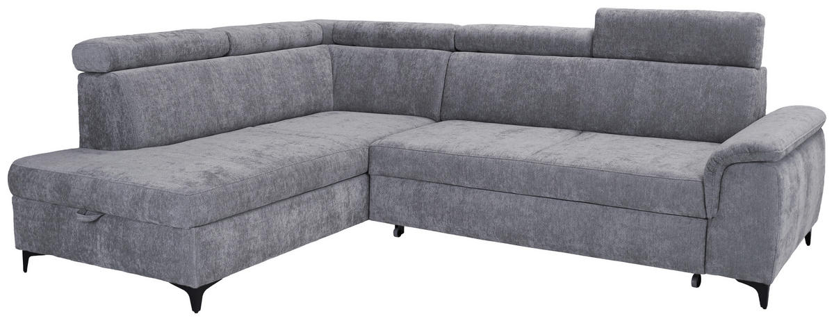 ECKSOFA Hellgrau Chenille Bettkasten, Schlaffunktion, Rücken echt, Kopfteilverstellung, Liegefläche im Originalstoff  - Hellgrau/Schwarz, KONVENTIONELL, Textil/Metall (206/265cm) - Carryhome