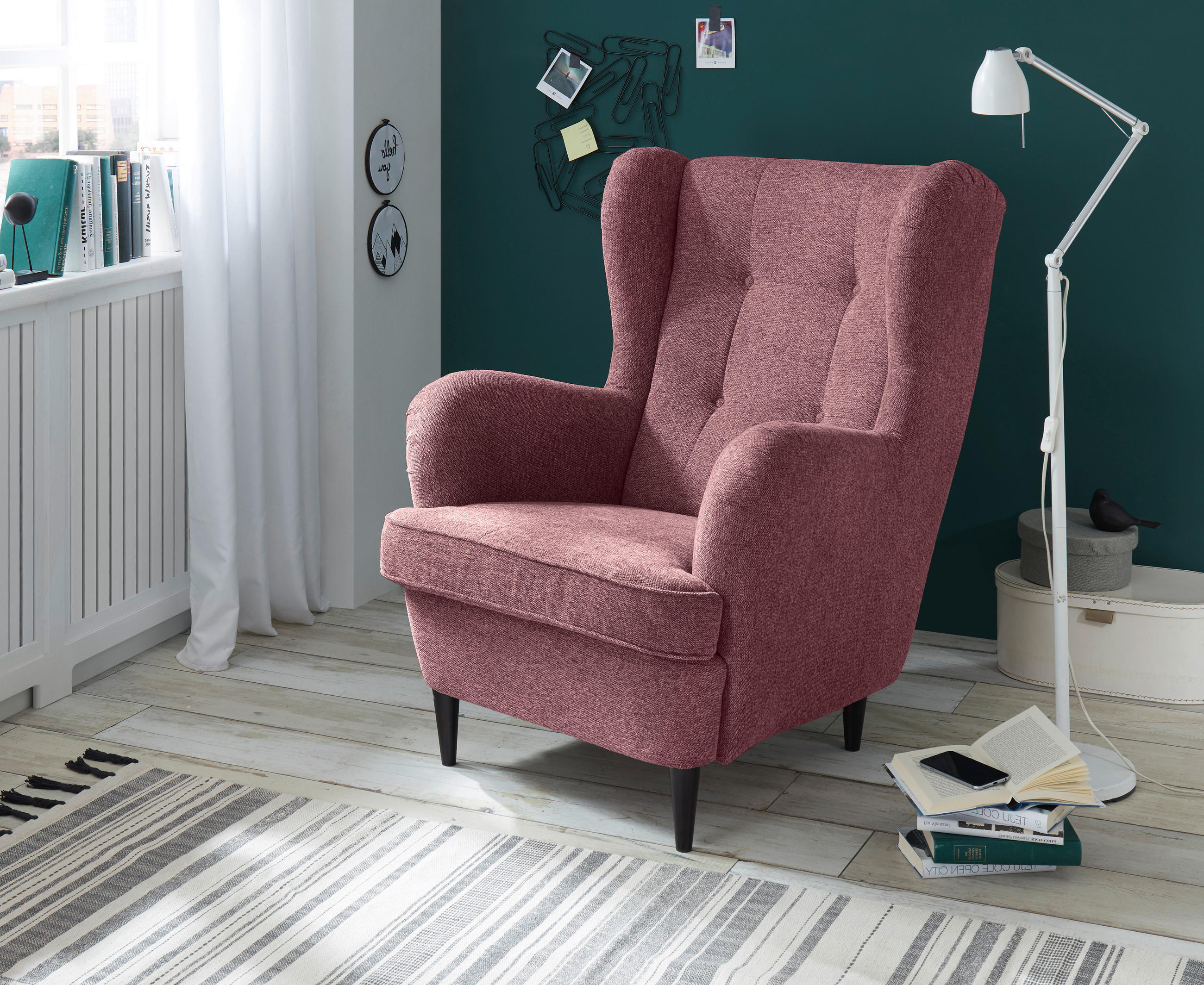 KŘESLO UŠÁK, textil, kompozitní dřevo, růžová - růžová/černá, Basics, kompozitní dřevo/textil (78/102/98cm) - MID.YOU