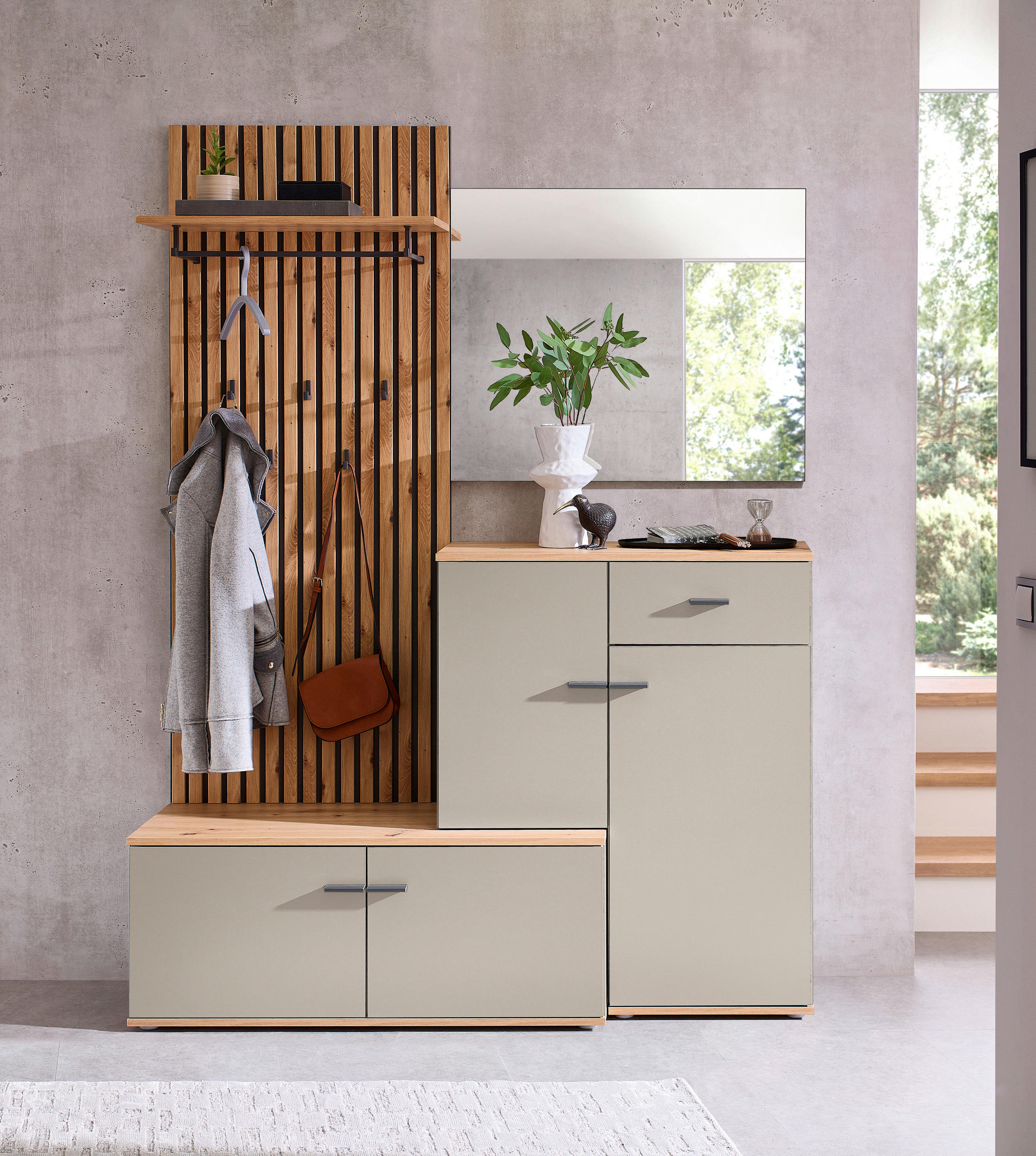 SISTEM ZA PREDSOBLJE  kašmir, hrast artisan  - kašmir/hrast artisan, Dizajnerski, staklo/pločasti materijal (148/199/38cm) - Xora