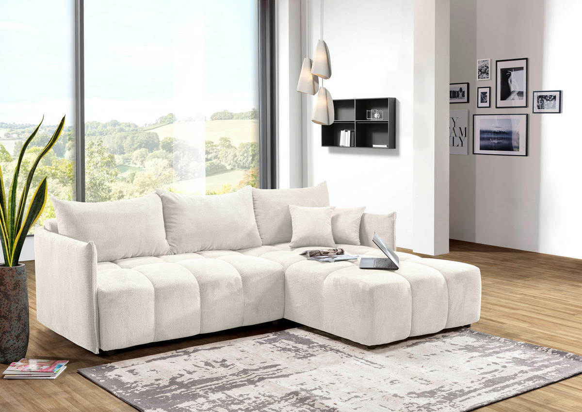 ECKSOFA Creme Plüsch Zierkissen, Rückenkissen, Bettkasten, Schlaffunktion, Rücken echt, Liegefläche im Originalstoff  - Creme/Schwarz, KONVENTIONELL, Kunststoff/Textil (253/192cm) - Carryhome